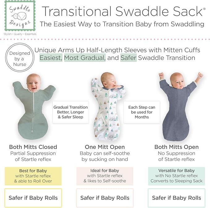 SwaddleDesigns Transitional Swaddle Sack, Arms Up Half-Length Sleeve Mitten Cuff, Most Gradual Transition Swaddle for Newborn