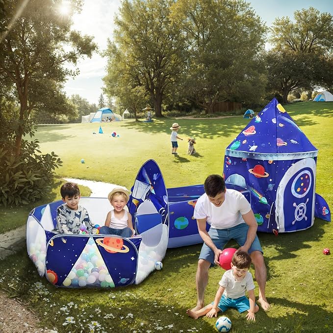 Gift 3pc Rocket Ship Kids Play Tent, Ball Pit, Crawl Tunnel, Toddlers Playhouse Castle Toys, Baby Boys Girls Gift for 3 4 5 6 7 Year Old, Outdoor Indoor(Balls Not Included)