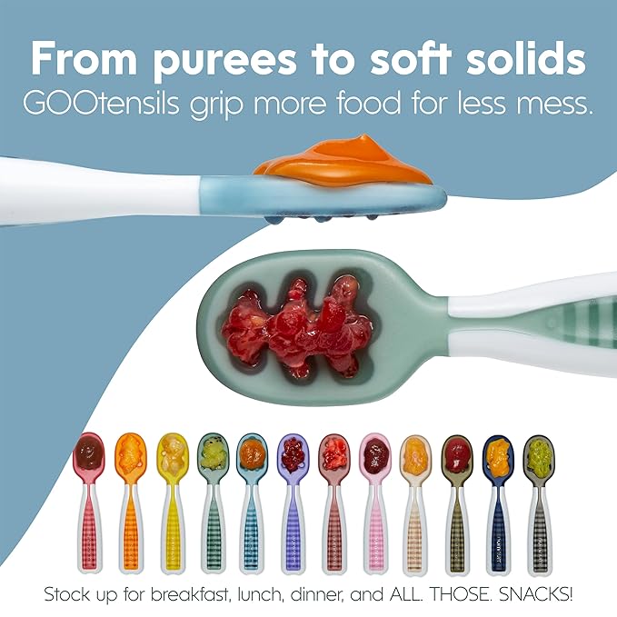 NumNum Baby Spoons Set, Silicone Pre-Spoon GOOtensils for Kids Aged 6+ Months - First Stage, Baby Led Weaning (BLW), Teething Spoon - Travel Case + 2 Spoons, Blue/Navy