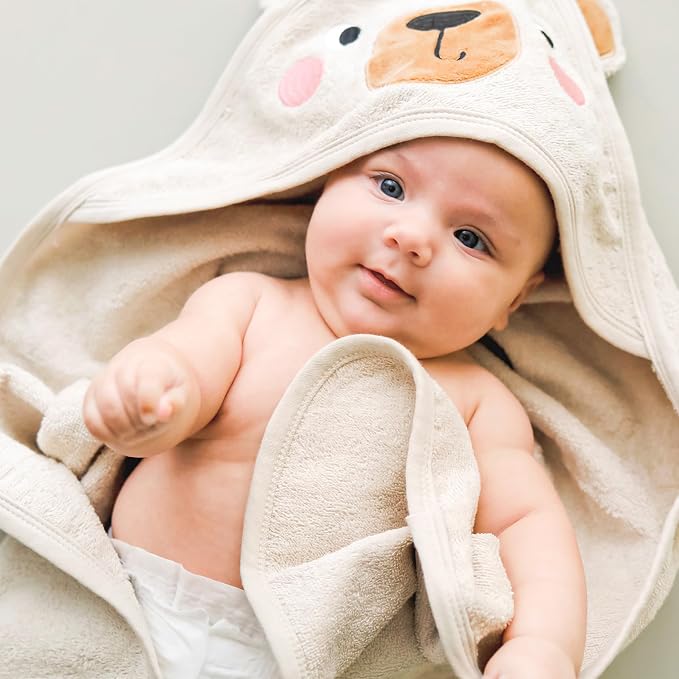 CuddleBug Hooded Baby Bath Towel & Washcloth Set (Bear) - 100% Cotton Terrycloth Hooded Baby Towels for Newborn & Toddler - Super-Soft & Absorbent, Newborn Essentials (33" x 33") - Honey Beige
