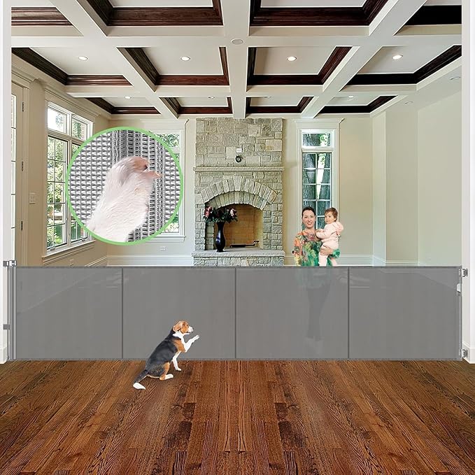 Reinforced 37" Tall x 155" Extra Wide Retractable Baby Gates with Reinforced Rods, 13ft Extra Wide Dog Gate ??Prevents Crawling Under, Retractable Pet Gate Retractable Fence Garage Gates for Dogs/Gray