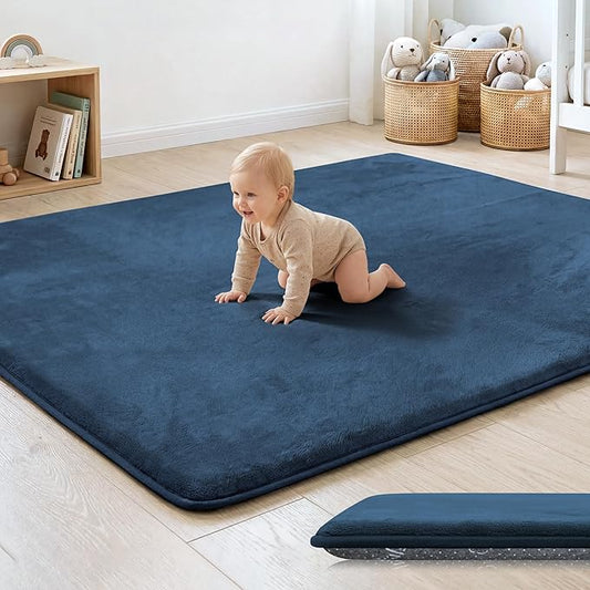 1.3" Thick Baby Floor Play Mat 71x79, Basic Padded Foam Mat for Tummy Time Crawling, Non Slip Cushioned for Babies Toddlers Infants Kids (Blue)