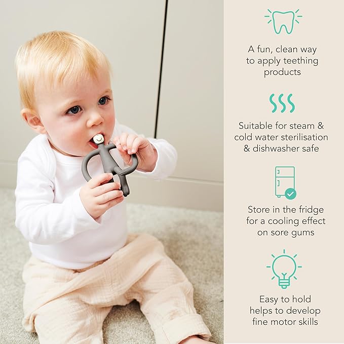 Matchstick Monkey Original Teether & Gel Applicator ??Silicone Baby Teether, Easy-to-Grip, BPA-Free, Supports Self-Soothing & Early Brushing, 3 Months+, 4 Inches, Grey