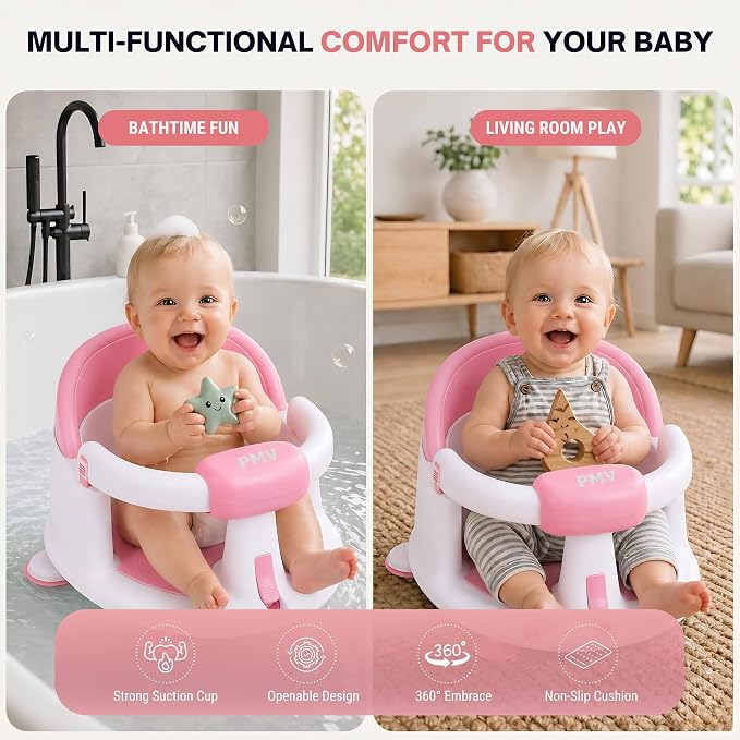 PMV Baby Bath Seat for Sitting Babies, Non-Slip Baby Bath Chair with 3 Suction Cups, Safe & Comfortable Toddler Bath Support Seat for Bath/Shower Use, Stable Design, Gray (6–24 Months) (Pink)