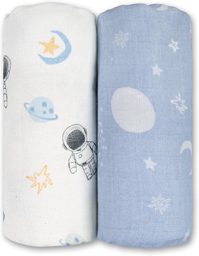 GLLQUEN BABY Muslin Swaddle Blankets Breathable Receiving Blankets (35" x 40") 2-Pack Soft Baby Blankets for Girls and Boys Newborn Essentials Muslin Burp Cloths Swaddle Wrap Baby Gift(Astronaut)