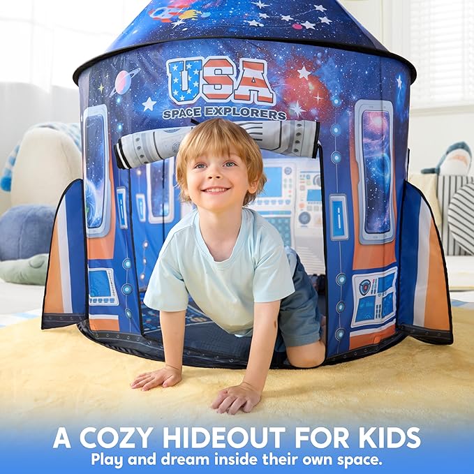 JOYIN Rocket Ship Play Tent for Kids ??Glow-in-the-Dark Space Tent with Starry, Astronaut Spaceship Foldable Playhouse for Boys & Girls, Indoor Outdoor Kids Pop-up Play House, Toddler Birthday Toy