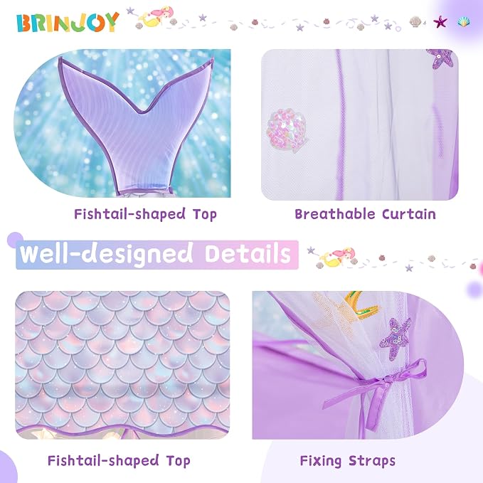 BRINJOY Princess Tent for Girls with Lights, Large Pretend Play Tent Castle w/Carry Bag & Stickers & Detachable Fishtail Top Indoor Outdoor, 67”x55” Ocean-Theme Kids Playhouse Gift for Toddler Age 3+
