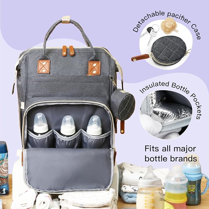 Diaper Bag Backpack with Changing Pad – Large Capacity, 16 Pockets, USB Port, Waterproof Travel Backpack for Mom & Dad – Bonus Pacifier Case - Gray