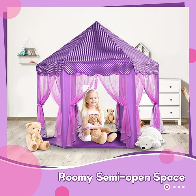 Purple Princess Castle Tent for Girls with Fairy Star Lights Play Tents for Kids Hexagon Playhouse Fairy Toys for Children or Toddlers Indoor or Outdoor Games