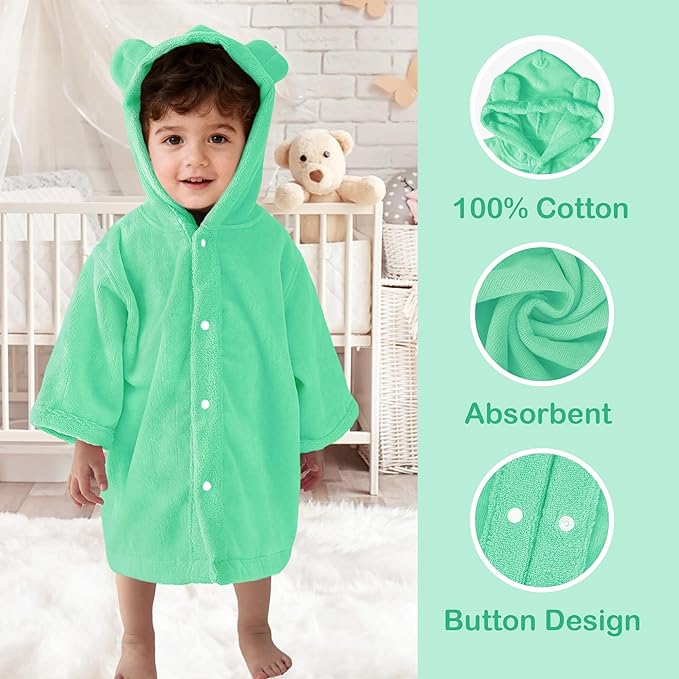 VOOVA & MOVAS Toddler Bath Towel with Bear Ear Hood, 0-24Months | 100% Cotton, Ultra-Soft & Absorbent | Gentle for Sensitive Skin, Bath, Pool & Beach Towel | Newborn, Mint Green