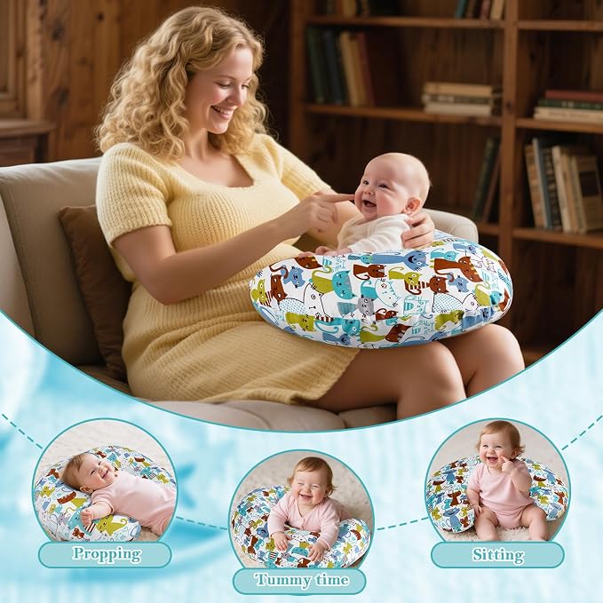 Nursing Pillow - Breastfeeding Pillow with Breathable Filling & Removable Cover, Ergonomic Support for Breastfeeding & Bottle (Blue Cat,0-12 Months)