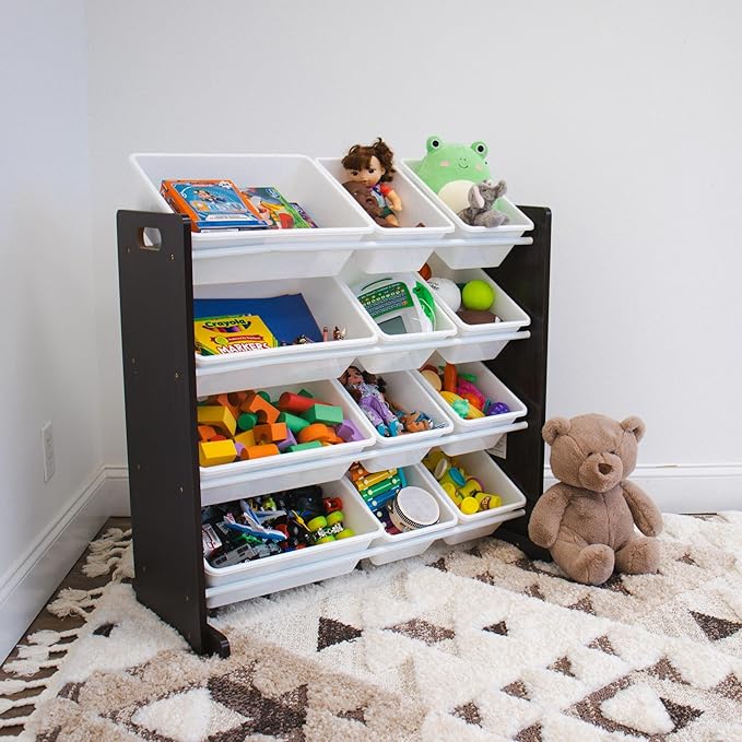 Humble Crew Kids Toy Storage Organizer with 12 Plastic Bins, Espresso/White ??Removable Bins for Playroom, Bedroom, Toddler Furniture for Boys and Girls Ages