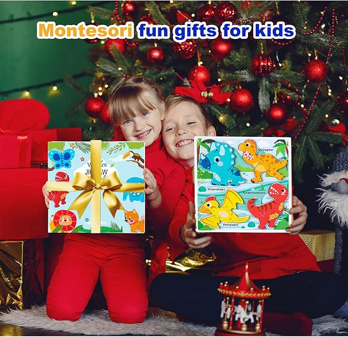 Wooden Educational Jumbo Base Jigsaw Puzzle 1-3 Montessori Dinosaur Toys for 2 3 Years Old Boy Girls Kids,Toddler Toys Ages 2-4,Preschool Wood Dino Learning Gifts for Boys