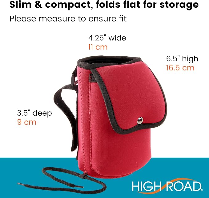 High Road Neoprene Bottle Holder and Phone Pouch for Mobility Equipment and Electric Scooters - Cup Holder for Strollers, Scooters, Rollators and Walkers, Red