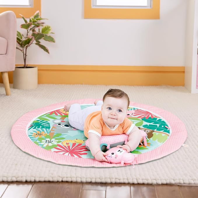 Bright Starts Rosy Rainforest Foldaway Activity Gym with Carry Bag for Storage & Travel, Pink Play Gym, Newborns & Up