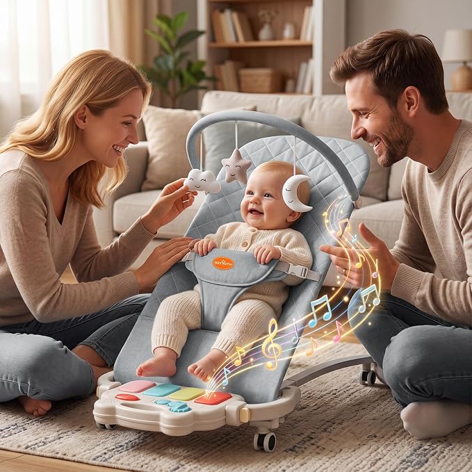 Portable Baby Bouncer Seat 0-18 Months,Detachable Piano & Hanging Toys,3-Level Recline (Rock/Fix),Foldable with Quiet Wheels,Baby Shower