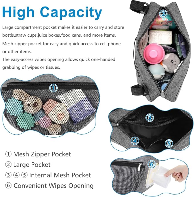 Accmor Insulated Side Sling Stroller Saddle Bag Organizer, Universal Stroller Organizer, Stroller Bag Caddy Organizer, Grey