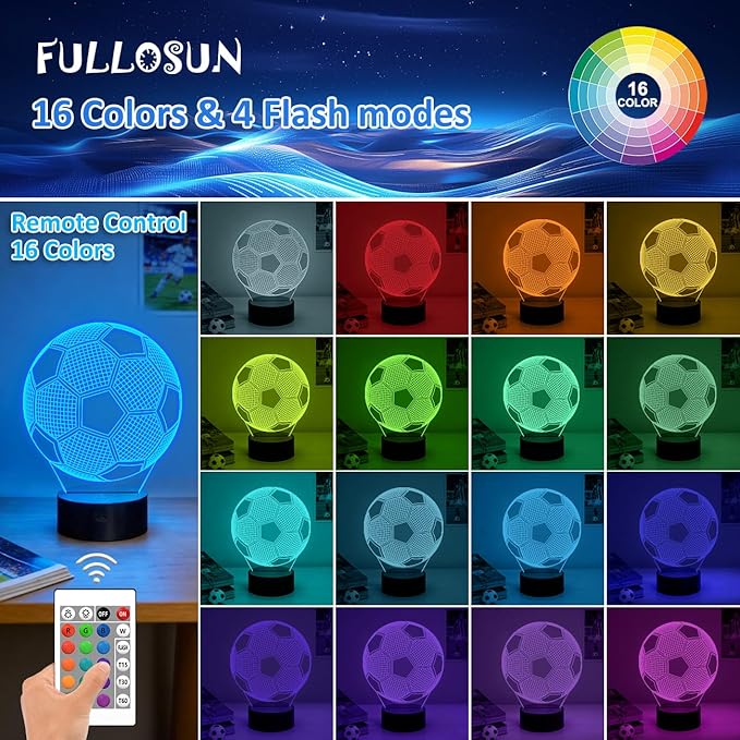 FULLOSUN Kids Night Light Soccer 3D Optical Illusion Lamp with Remote Control 16 Colors Changing Football Birthday Xmas Valentine's Day Gift Idea for Sport Fan Boys Girls