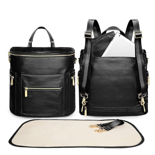 miss fong Diaper Bag Backpack Baby Diaper Bag, Large Leather Diaper Backpack with 16 Pockets Travel Diaper Bag with Diaper Changing Pad, Stroller Straps & 2 Insulated Pockets(Convertible, Black)