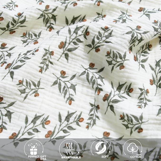 Soft & Breathable Baby Organic Cotton Muslin Blanket with Warm Flannel Lining, Unisex Crib Blanket for Toddlers, Large 43x43 Inches (Flower)