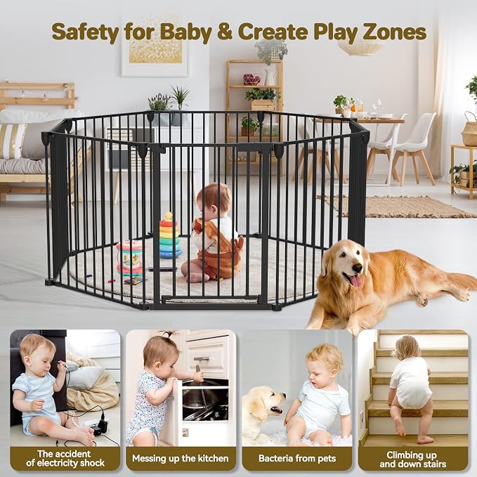 Kfvigoho Baby Gate 27.5"-199" Extra-Wide Playpen with Stands, Play Yard Child Safety Fence, Dog Gate with Auto-Close Door, Double Locking System for Fireplace, Foldable 8 Panels, Black 29" Height