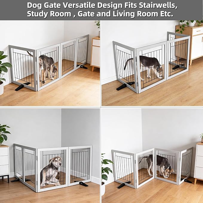 Dog Fence Indoor - 4-Panel Freestanding Dog Gate for Doorways, Hallways, House or Stairs -80x24-Inch Retractable Foldable Expandable Wood Pet by SFJC (Grey)