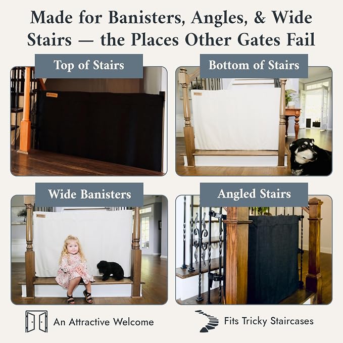 The Stair Barrier First Fabric Banister to Banister Baby Gates for Stairs 36”–42” Wide x 32” Tall– No Drill Baby Gate for Top or Bottom Staircase, Machine-Washable Climb Proof, Designed in USA, Cream
