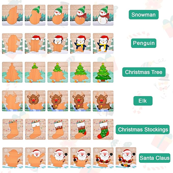 6 Pack Christmas Wooden Puzzles for Kids Christmas Stocking Stuffers for Toddlers 1-3 2-4 Toddler Toys Party Favors Gifts