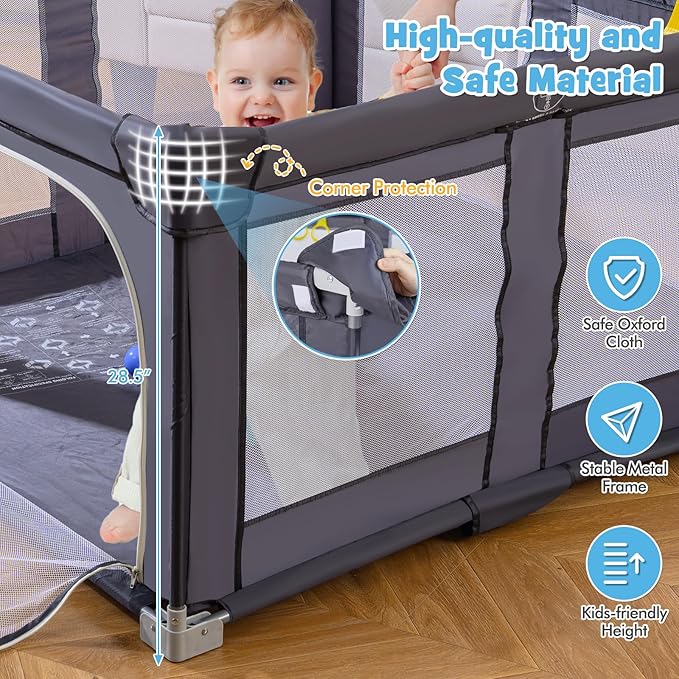 Costzon Foldable Playpen for Babies, 50''x50'' Portable Baby Play Pen with 50 PCS Ocean Balls, 4 Handles, Carry Bag, Visible Mesh, Kids Activity Center with Gates, Indoor & Outdoor Gate Play Pen