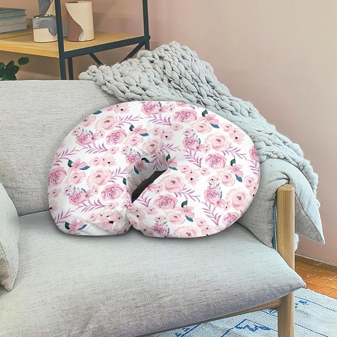 Pink Rose with Leaves Nursing Pillow Cover Slipcover, Breastfeeding Newborn Infant Feeding Cushion Cover Pillow Slipcovers for Breastfeeding Moms