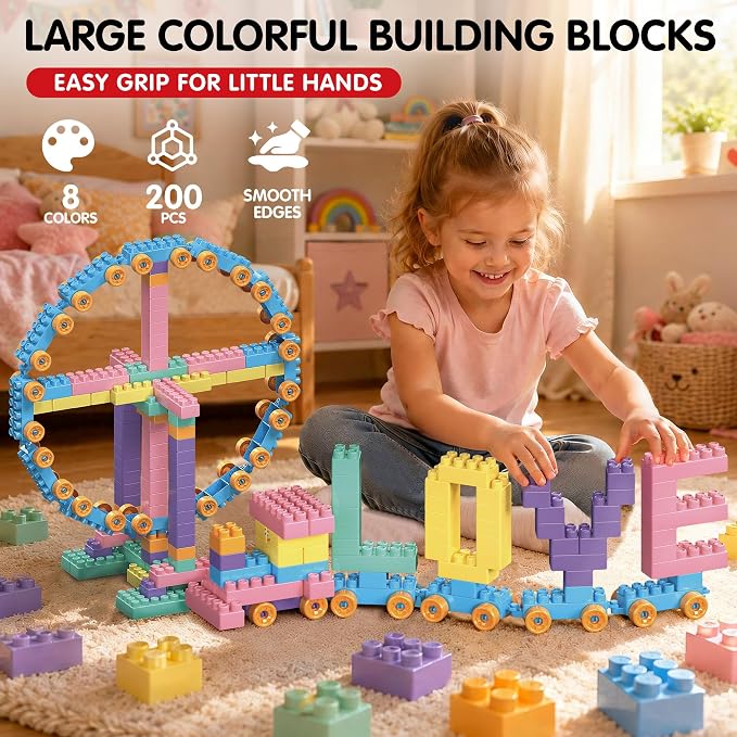 Building Blocks for Toddlers and Kids, 200 Pcs Toy Building Sets, STEM Educational Building Blocks Set for Kids with Storage Box, Ideal STEM Gift for Boys & Girls