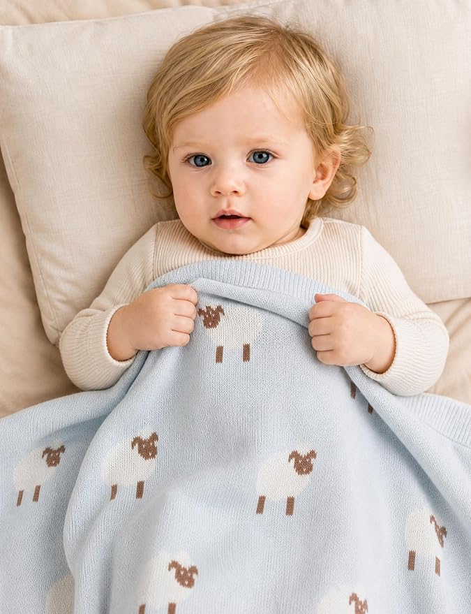 Organic Cotton Baby Blanket - Soft Luxury Knit Receiving Blanket for Newborns & Toddlers, Cozy Breathable Stroller Blanket with Pattern, Unisex, 30x40Inch（Sheep-Blue）