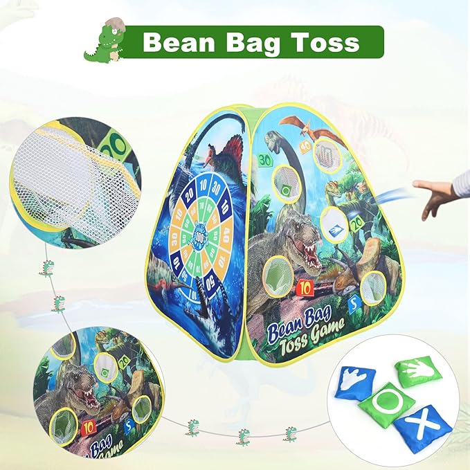 Dinosaur Kids Play Tent Indoor: Boys & Girls Playhouse Tents Indoor Outdoor - 4in1 Dinosaur Tent with-Dart Board & Bean Bag Toss Games
