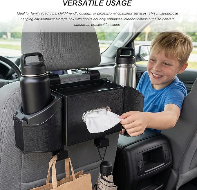 Car Backseat Organizer, 7-in-1 Auto Seat Back Drink Cup Holder Organizer with Tissue Box & Hooks, Multifunctional Vehicle Headrest Storage Box for Hold Phone Snacks Drinks (Black)