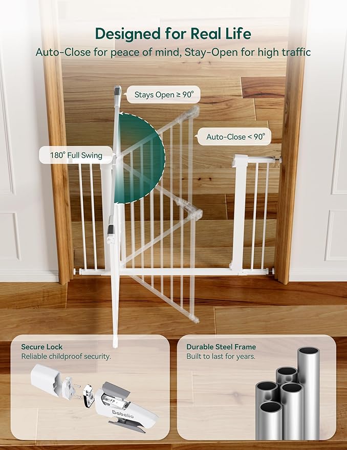 Babelio Baby Gate for Doorways and Stairs, 36??Tall Pet Gate, PressGuard P7 with Auto Close Design, 29"-43" Wide Easy Install Pressure Mounted, Safety Gate Door for Child and Pet, White