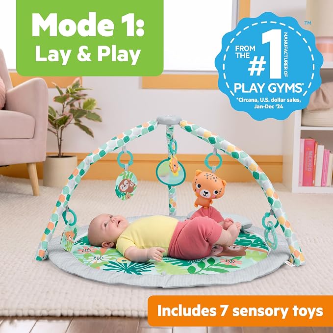 Bright Starts Wild Rainforest Foldaway Activity Gym with Carry Bag for Storage & Travel, Blue Green Jungle Play Gym, Newborns & Up