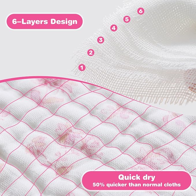 Viviland Baby Muslin Burp Cloths, Super Absorbent Washcloths for Baby Girl and Boy, 10 x 20 inches 6-Layer Baby Bath Towels, Pink Flowers & Hearts 4 Pack