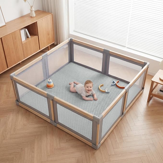 Baby Floor Play Mat for Playpen, Extra Thick 65x50 Inches Padded Mat with Ultra Soft 3D Minky Dot & Removable Washable Cover, Non-Slip & Safe for Crawling,Tummy Time,Infant/Toddler (Grey)