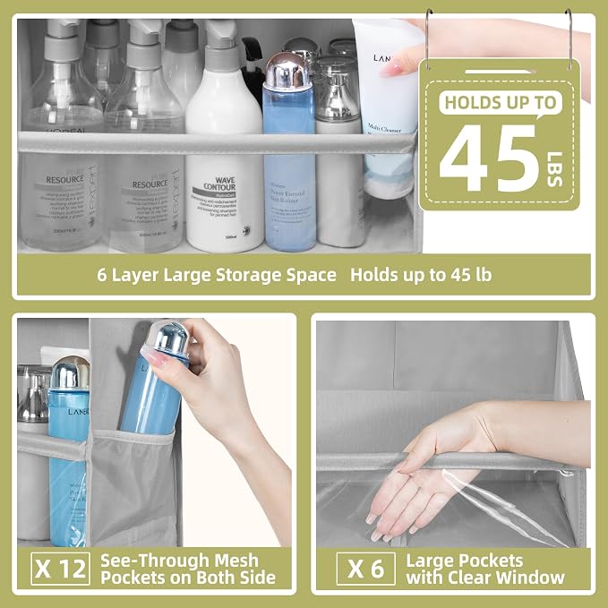 Over Door Organizer with 6 Extra Large Pockets 12 Side Pockets, Sturdy Closet Storage Rack, Hanging Storage Organizer with Clear Window for Shoes, Diaper, Bedroom, Bathroom, Grey, 4-Pack