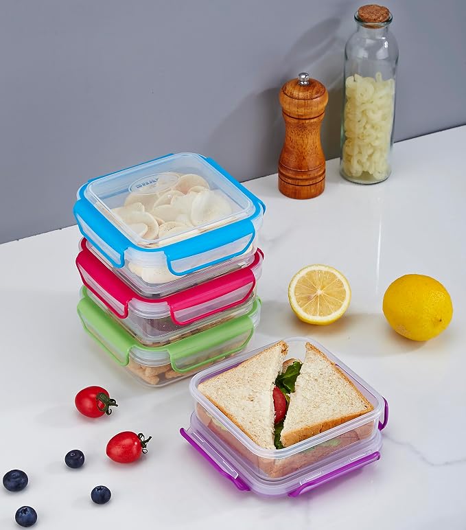 Snap Fresh - 4 Pack of Fun Size Leakproof Sandwich Containers - Reusable, BPA Free Sandwich Boxes. Airtight Seal. Also Great for Salads, Snacks, Fruit, Treats and Food Storage