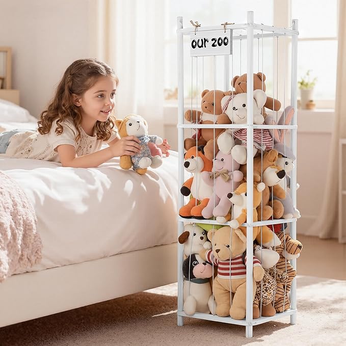 LAMU Stuffed Animal Storage, Wooden Zoo Stuffed Animal Holder with Elastic Cords, Space Save Toy Organizer, Extra Large Capacit Stuffed Animal Organizer for Playroom, Bedroom, Nursery, White