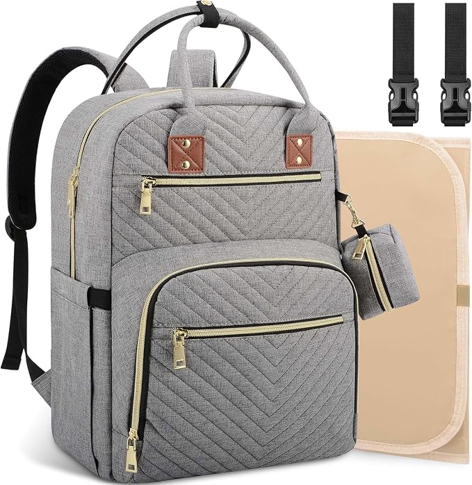 AngLink Baby Diaper Bag Backpack - Newborn Diapers Bags with Changing Pad & Pacifier Case for Boy Girl, Large Capacity Travel Essentials Bebes Backpack Baby Registry Search Gift for Mom Dad丨Gray