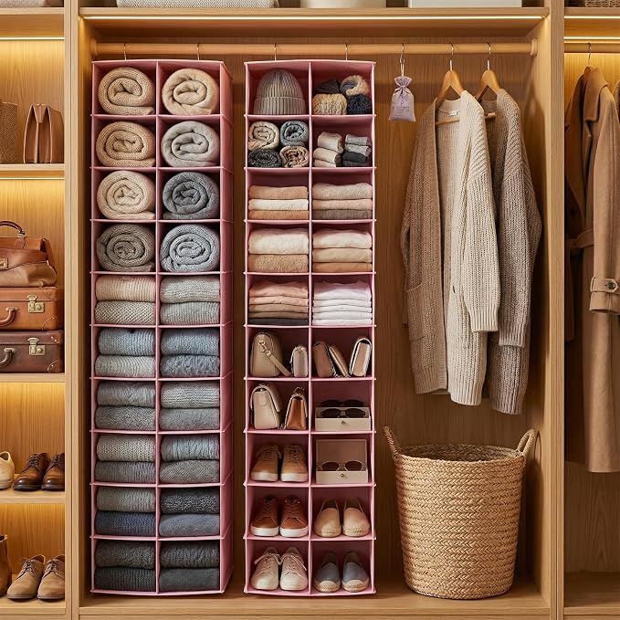 Hanging Shoe Organizer for Closet, 20 Sections Hanging Closet Organizers and Storage Shelves, Space Saving Shoe Storage Rack Holder, Pink, 12''W×12''Dx 50''H