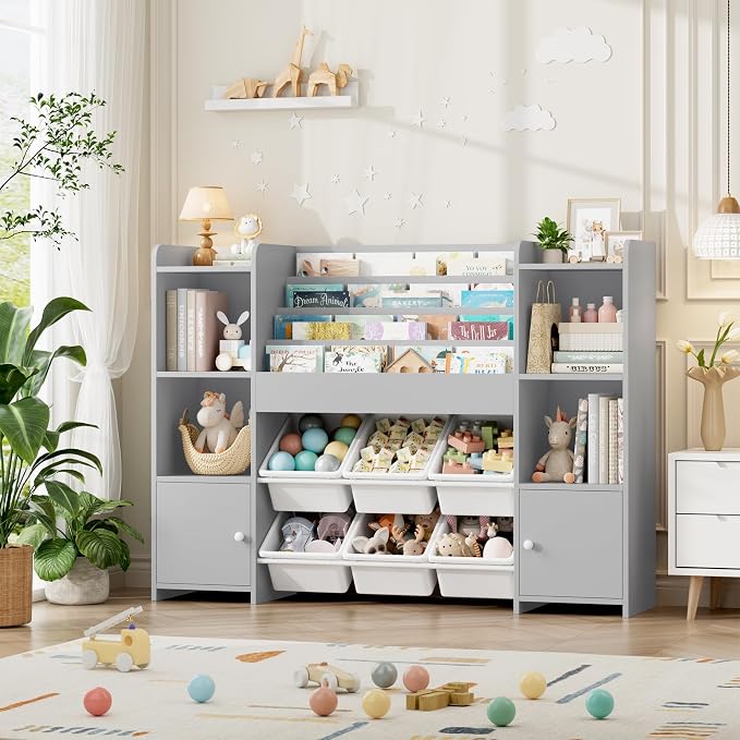 FINETONES Toy Storage Organizer with 6 Toy Bins, Toy Organizer Kids Bookshelf with 6 Cubbies, Toy Organizers and Storage Bins, Playroom Storage and Toy Chest, Grey