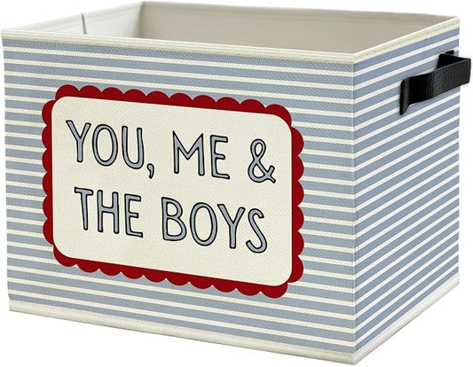 Vintage Boy Nursery Storage Bins Box with Handles, You Me and the Boys Blue Striped Collapsible Basket Organizer for Kids Boys Room Bedroom Playroom Bathroom Toys Books Clothes