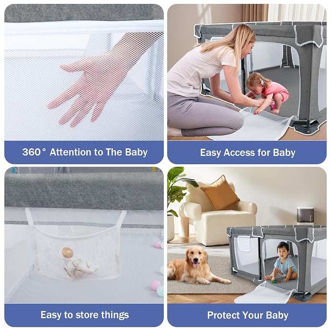 Foldable Baby Playpen 59"x71"，Playpen for Babies and Toddlers with Mat，Foldable playpen with Door，Indoor and Outdoor Baby Fence Play Area (Grey (Cationic Fabric), Foldable 59"x71" with Mat)