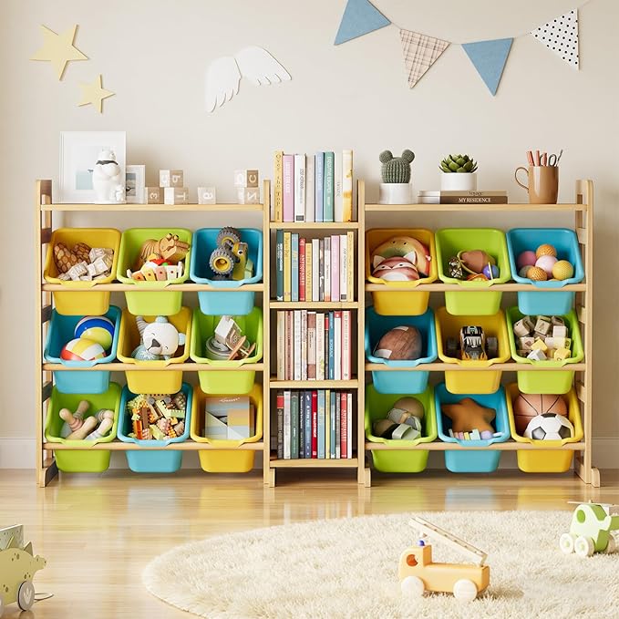 SpaceAid Large Toy Storage Organizer with 6 Shelves and 18 Bins, Book Shelf Organizers Storage Bookshelf, Kids Bin Shelf Box Bookcase for Bedroom Playroom Organization Room Decor, Multi-Colored