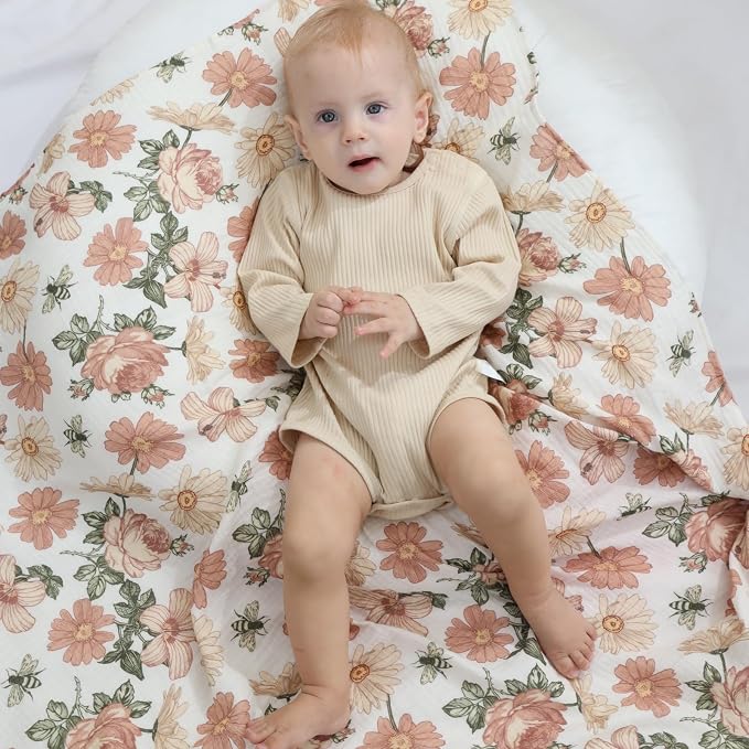 insular Muslin Swaddle Blankets for Boys Girls, 2 Pack Receiving Baby Blanket Large 47 x 47 inches, Soft Breathable Swaddling Wrap for Unisex Newborn, Floral&Rainbow