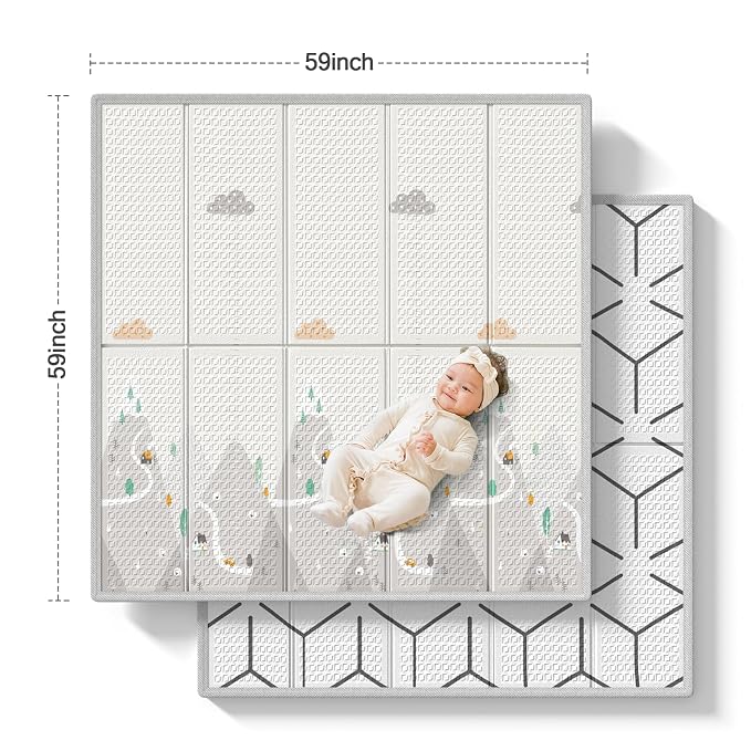 ZEEBABA Baby Play Mat, 59"x59" Foldable & Reversable Large Baby Mat, 0.4" Thick Waterproof Foam Play Mat, Baby Activity Tummy Time Mat, Foam Play Mat for Babies and Toddlers, for 59 inch Playpen