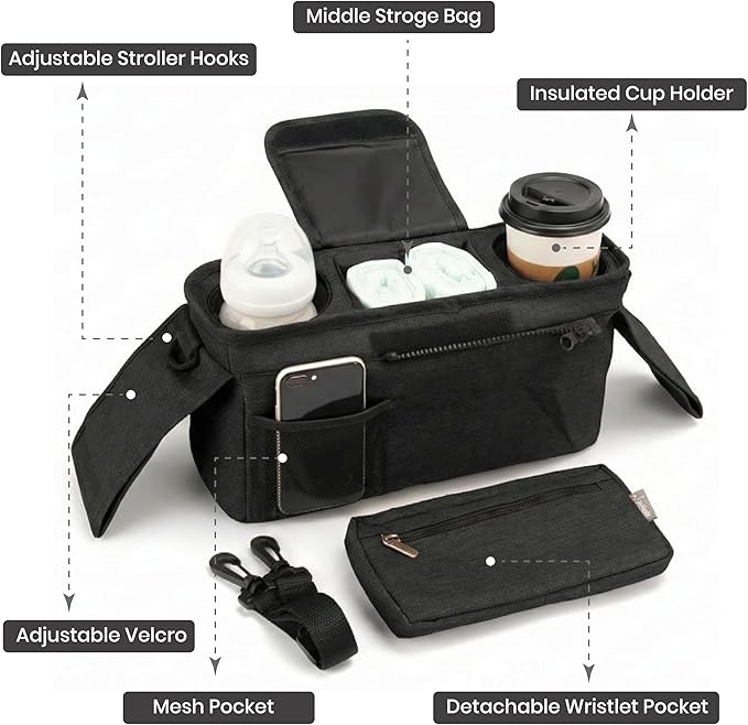 Universal Stroller Organizer, Black - 2 Insulated Cup Holders - Non-Slip Stroller Caddy Bag - Detachable Phone Pouch - Fits Uppababy, Nuna - New Mom Essentials